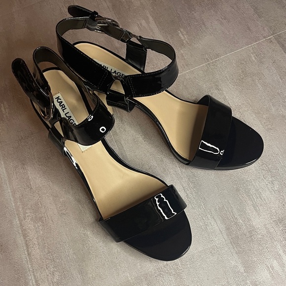 Karl Lagerfeld Patent Glossy Black Sandals High Heels- size 10M - Picture 1 of 13
